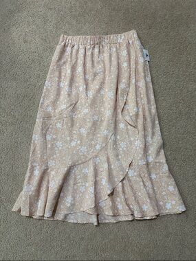 Disney Parks Pale Peach Mulan-Inspired Floral Faux Wrap Midi Skirt NWT